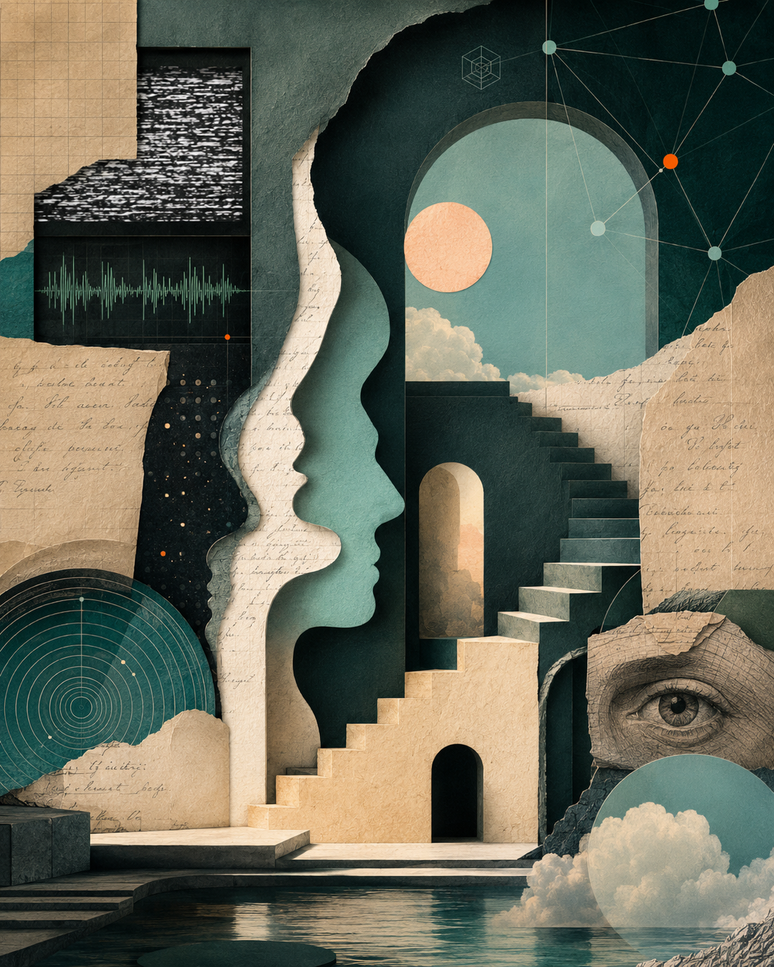 A paper-cut collage in mint, teal, and cream: layered human profiles beside a moonlit archway and rising staircases, with a sound waveform, an inkblot, a constellation, and a human eye — media, language, trauma, perception, and awareness converging.