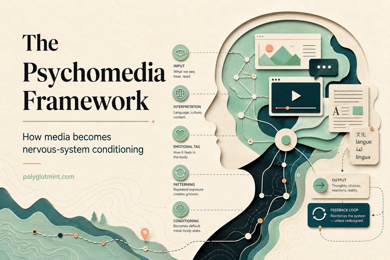 Editorial diagram of a human head in profile filled with media windows — image, video, and chat — wired into the brain, with labeled stages: Input, Interpretation, Emotional Tag, Patterning, Conditioning, Output, and Feedback Loop. Title reads The Psychomedia Framework: How media becomes nervous-system conditioning.